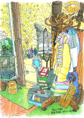 三菱一号館の中庭、ブリックスクエアのリサイクルショップ、パスザバトン。雨宿りさせていただいた店内でスケッチ。明るい黄色のコート。黄色いミモザの花。春を感じて。PASS THE BATON Marunouchi BRICK SQUARE