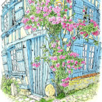 ジェルブロワに行くきっかけになった青い家。300年経つ木の家は少しずつ歪み傾き優しい印象でしたが、描き出せませんでした。3日目の夕方観光客が帰り静かになって、家の中から物音が聞こえました。暮らしの気配を感じて、描きだせました。　Maison du blue Gerberoy,France