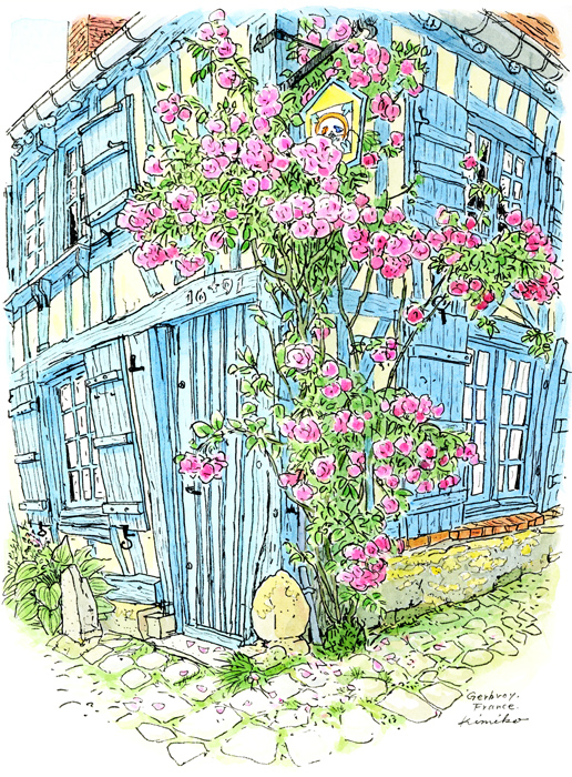 ジェルブロワに行くきっかけになった青い家。300年経つ木の家は少しずつ歪み傾き優しい印象でしたが、描き出せませんでした。3日目の夕方観光客が帰り静かになって、家の中から物音が聞こえました。暮らしの気配を感じて、描きだせました。　Maison du blue Gerberoy,France