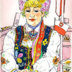 デパートの宝石売り場。琥珀の玉を繋ぐ実演をする女性。ルーマニアの民族衣装が美しい。