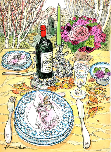 テーブルウェア展。白樺の木立の中で幸せな二人を待つテーブル。とても繊細な色あわせ。お客さんを避けながら描いたので、正面に居られず、ナプキンの向きが違っています。