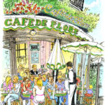 パリは手強い。カフェの席は皆通りに向いているので、描こうとすると客と目が合ってしまう。「最前列の客は見られるのを楽しんでいる。」という言葉に励まされスケッチ。常連らしいおじさんが拍手してくれました。６月の空は８時を過ぎてもまだまだ明るい。Café de Flore