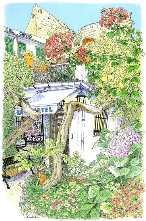 蔦の塔の中の階段を上ると、ぶどう棚のあるテラスに出た。ホテルの入り口には薔薇と古いレモンの木。通る風が通る中庭で、長い午後を過ごしました。