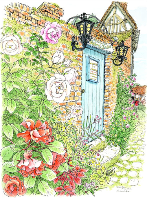 村に移り住んだ画家シダネルが構えたアトリエ。苔むした煉瓦塀の小さなドアの脇にもバラが揺れている。花びらに残ったしずくがコロコロと流れ落ちた。 Atelier du jardin Gerberoy,France