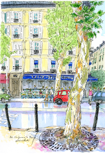 サンジェルマンのお目当てのカフェに向かって急ぎ足。昨日はとっつきにくいと思ったパリの街並みが、そんなに急いでどこに行くの？と声を掛けてきた。描いてもいい？プラタナスからスピードスケッチ。