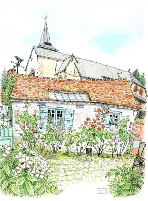 村を散策すると何の前触れも看板もなく、シダネルのアトリエに出合う。小さな窓が二つ、天窓のある石葺きの屋根は少し歪んで苔が生えている。このアトリエで絵を描き、荒れ果てた村に薔薇を植え育てた画家のことを思う。　Henri Le Sidaner Atelier du jardin Gerberoy,France