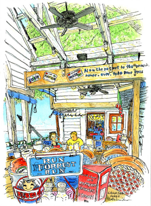 「フォレスト・ガンプ」の海老の養殖場をテーマにしたシーフードレストラン。 カジュアルな雰囲気が楽しい。ラフにカットされた木の梁から青空が広がり、 大きな気が風でゆっくり揺れる、のんびりとした午後。 Bubba Gump Shrimp, Lahaina, Maui