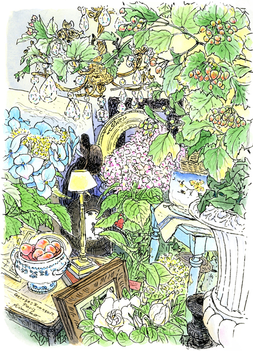 パリでの一日。モンパルナスのジョルジュ・フランソワさんの花屋でスケッチをさせていただく。 狭い店内に花と共に飾られているアンティーク雑貨が温かい雰囲気を醸し出している。花がとても居心地よさそう。花と一緒にクラシック音楽を聴きながら。Georges François　Paris