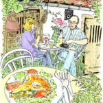 中庭のテーブルで遅いお昼。馬小屋と納屋だった名残の農機具が蔓草に巻かれて静かに時を刻んでいる。　Les Jardins du Vidame、Gerberoy
