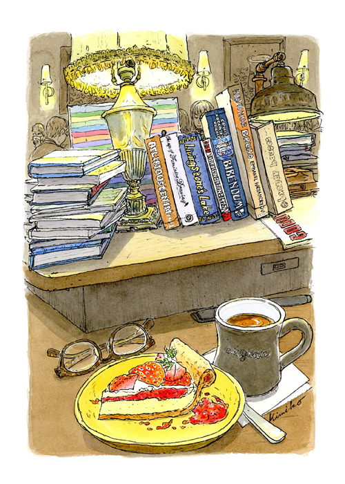大きなテーブルに積み上げられた本や雑貨が丁度良い目隠しになって、ほっと寛げる空間。大ぶりのマグカップでコーヒーを飲みながら。六本木ヒルズe.a.gran
