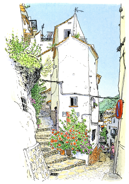 アンダルシア地方の山の上の町カサーレス。教会のある広場から急な坂を上る。坂道と細い階段に挟まれた細長い白い家。真っ青な空に白い洗濯物がはためいていました。