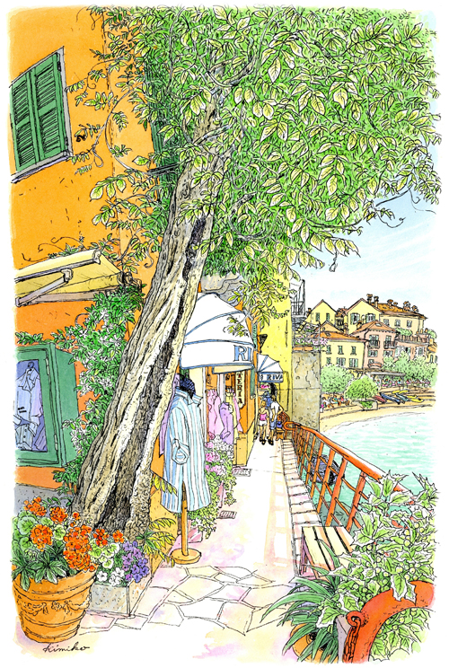 ベラージオの対岸の小さな町バレンナ。船着き場から湖に沿って遊歩道を行く。もじゃもじゃの柳の木と青いストライプのシャツに惹かれてスケッチ。雨宿りしたジェラート屋さんで店員さんとメロドラマを見たのも思い出の一つ。　Varenna