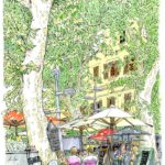 アルルの町なかの広場のカフェ。風に揺れるプラタナスの葉を描いていると、カフェの客や店の主人、通りをゆく人たちが立ち止まって声を掛けてくれました。